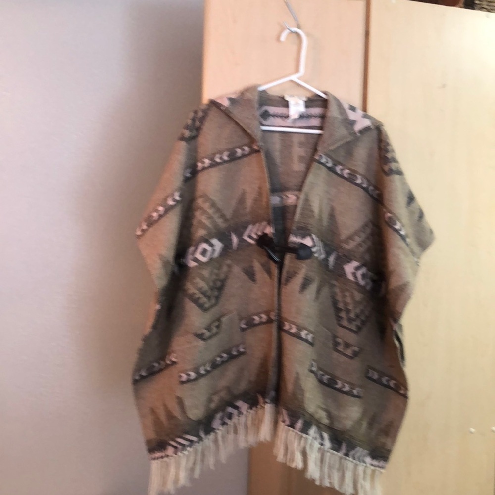 Jolt multi color hooded, fringe poncho or cape